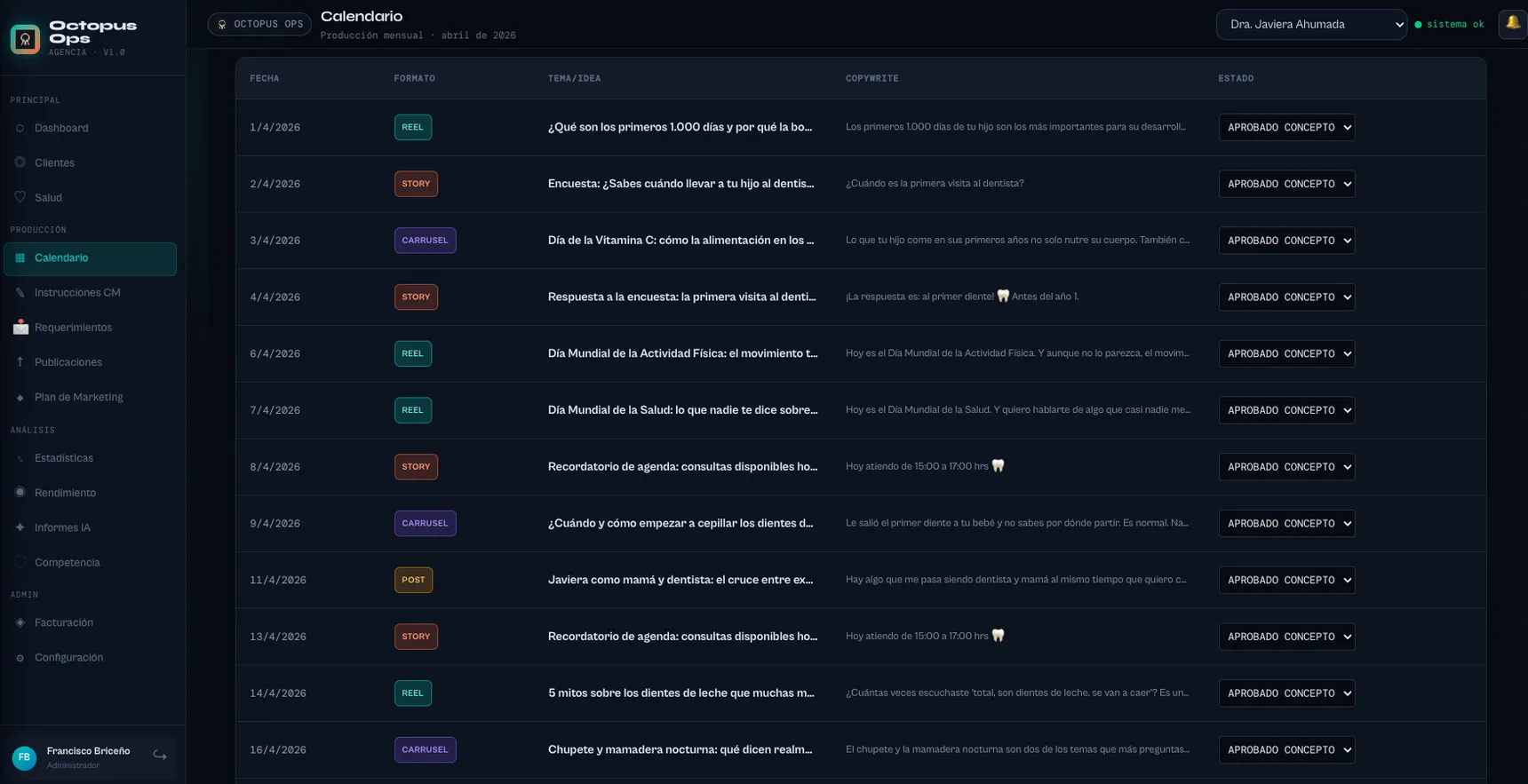 Octopus Ops — Portal Agencia: calendario mensual de producción por cliente con estado de aprobación por pieza